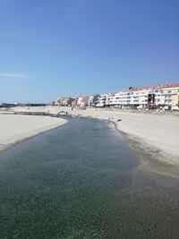 Scenic view of beach against clear blue sky