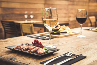 Close-up of served food on table