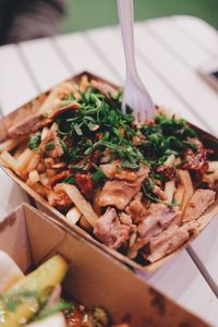 High angle view of meal served on table