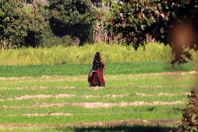 Rear view of woman on field
