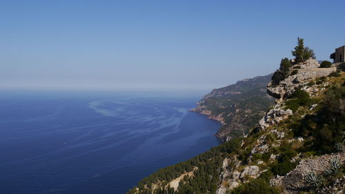 Scenic view of sea against clear blue sky