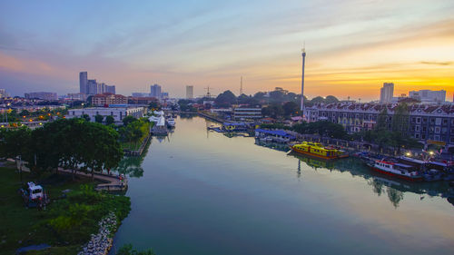 View of city at waterfront during sunset