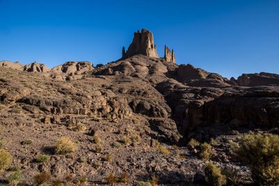 Rock formations against clear blue sky