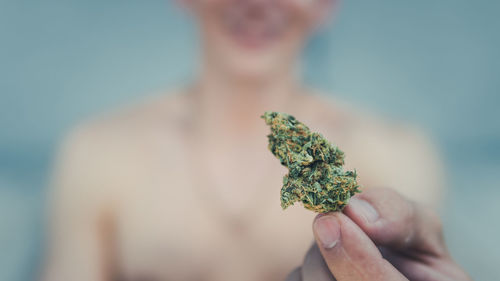 Midsection of young man holding medical cannabis