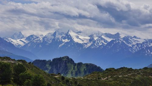 Scenic view of mountains against cloudy sky