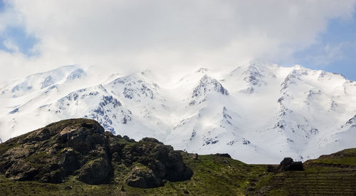 Scenic view of snowcapped mountains against sky