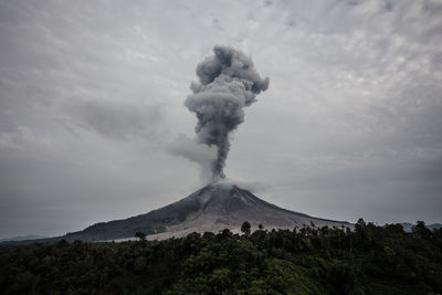 Smoke emitting from volcanic mountain against sky