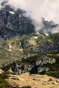 High angle view of trees and mountains against sky