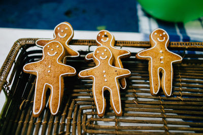 High angle view of gingerbread cookies in tray