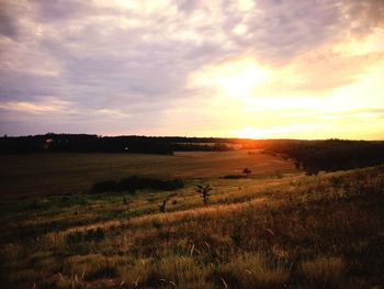 Scenic view of grassy field against cloudy sky