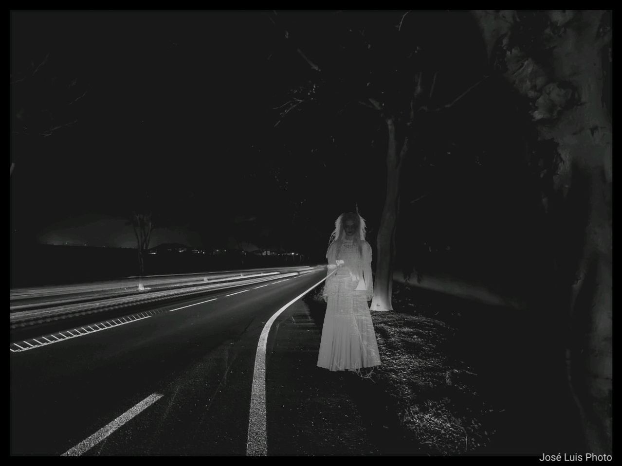 transportation, women, transfer print, road, one person, adult, celebration, real people, rear view, auto post production filter, full length, motion, tree, night, event, outdoors, standing, young adult, dress, ghost