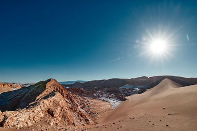 Scenic view of snowcapped mountains against clear blue sky