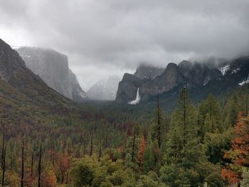 Scenic view of mountains against cloudy sky