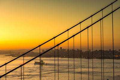 Bridge over river by buildings against sky during sunset