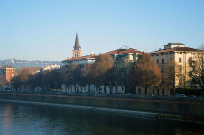 View of buildings in city against clear sky