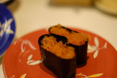 Close-up of cake in plate on table