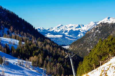 Scenic view of snowcapped mountains against clear sky