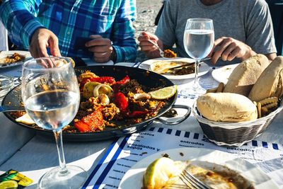 Midsection of people having meal at table