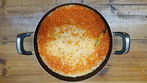 High angle view of bread in bowl on table