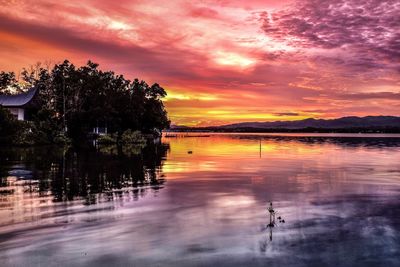 Scenic view of lake against sky at sunset