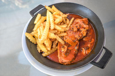 High angle view of food in plate on table