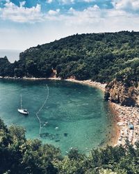High angle view of bay against sky