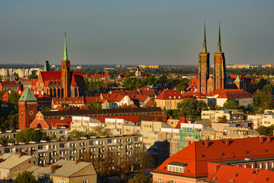 High angle view of townscape against sky in city