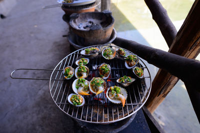 High angle view of food on barbecue grill