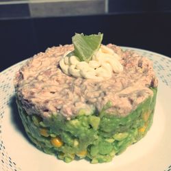 Close-up of served food in plate