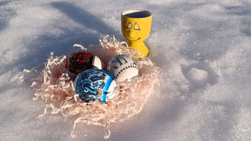 High angle view of christmas decoration on snow