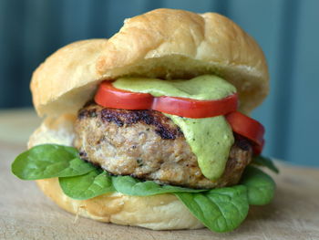 Close-up of burger on table