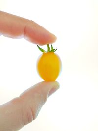 Cropped image of hand holding fruit against white background