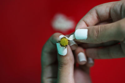 Close-up of hand holding flower against blurred background