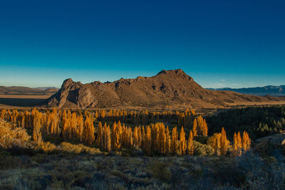 Scenic view of mountains against clear blue sky