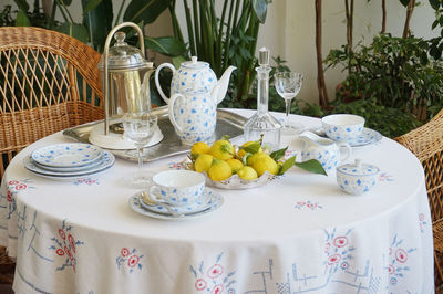 High angle view of glasses on table