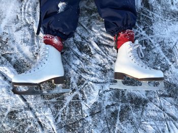 Low section of person standing on snow covered land