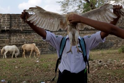 Schoolboys holding dead owl on field