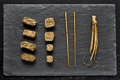 High angle view of chocolate cake on table