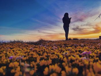 Silhouette man standing on rock against sky during sunset