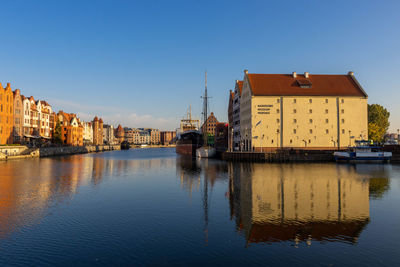 Buildings by river against sky in city