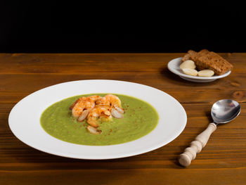 High angle view of soup in bowl on table