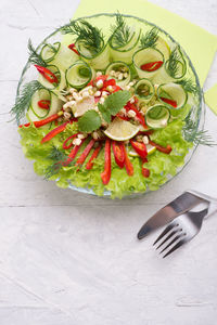 High angle view of fruit salad on table