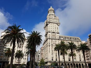 Low angle view of palm trees and buildings in montevideo against sky