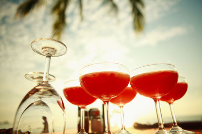 Low angle view of juice served in glasses