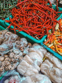 High angle view of seafood for sale at market stall