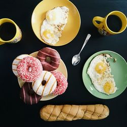 High angle view of breakfast served on table