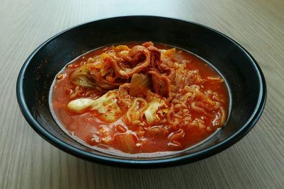 High angle view of kimchee in bowl on table