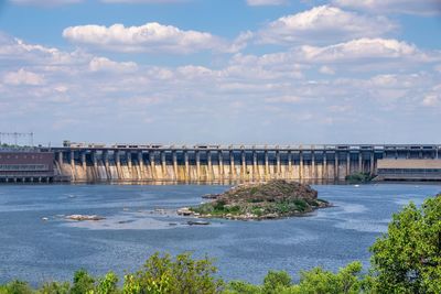 Panoramic view of the dnieper  power station from the khortytsya island in zaporozhye, ukraine, 