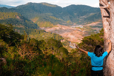 Rear view of person standing on mountain