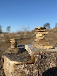 Close-up of stack of logs against clear sky